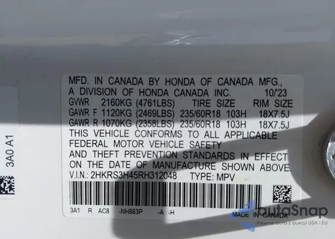 2024 Honda Cr-V Ex 2Wd z USA, uszkodzony, nr VIN 2HKRS3H45RH312048